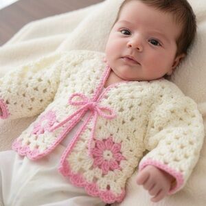 NWT Handmade Crochet Infant Cardigan Sweater For Baby Girl 3 Mos